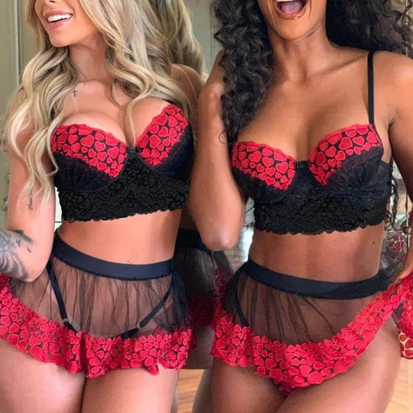 Red & Black Heart Embroidery Lingerie Set