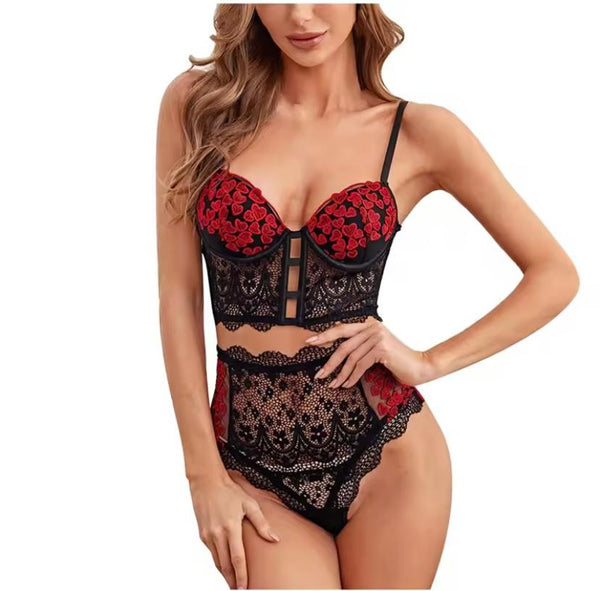 Red Floral Embroidery & Black Lace Lingerie Set