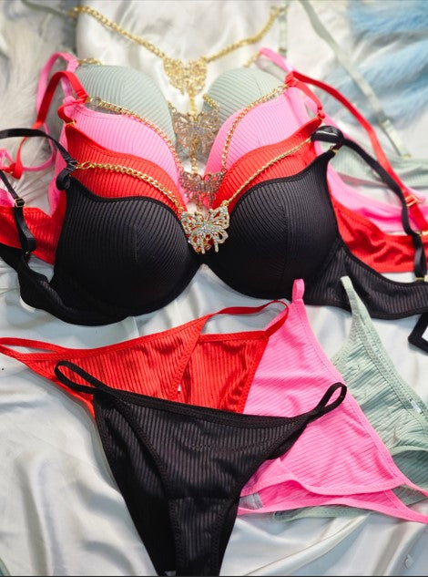Neon Radiance Ribbed Set with Butterfly Chain