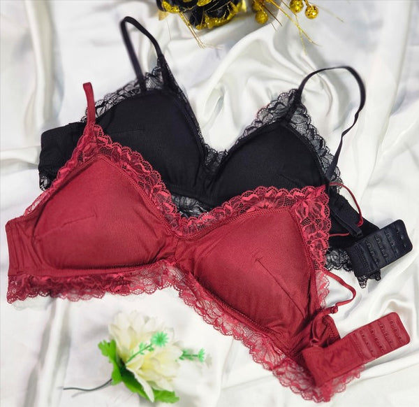 Delicate Lace Trim Triangle Bra (Black & Maroon)