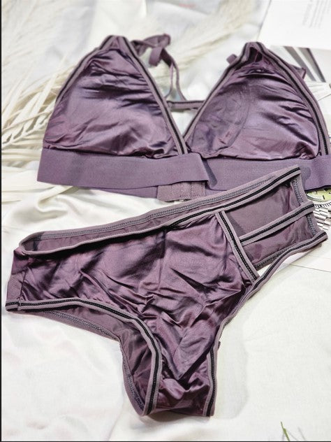Elegant Satin Plunge Bra & Cut-Out High-Waist Panty Set