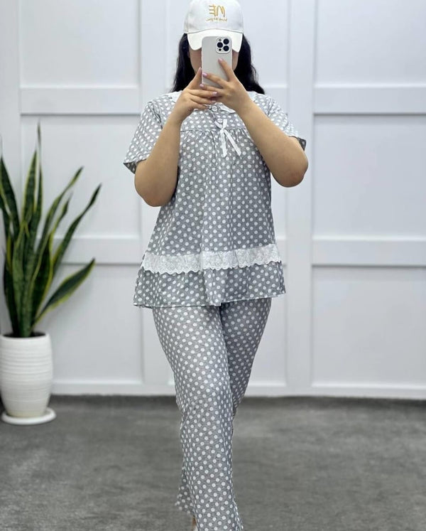 Polka Dot Pajama Set with Lace Trim