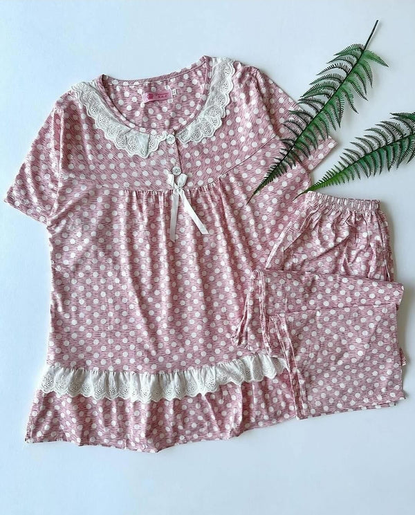 Pink Polka Dot Pajama Set with Lace Trim