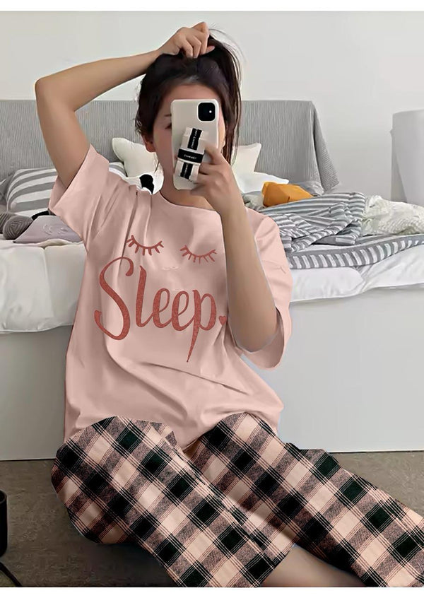Pink "Sleep" Print Pajama Set with Plaid Pants