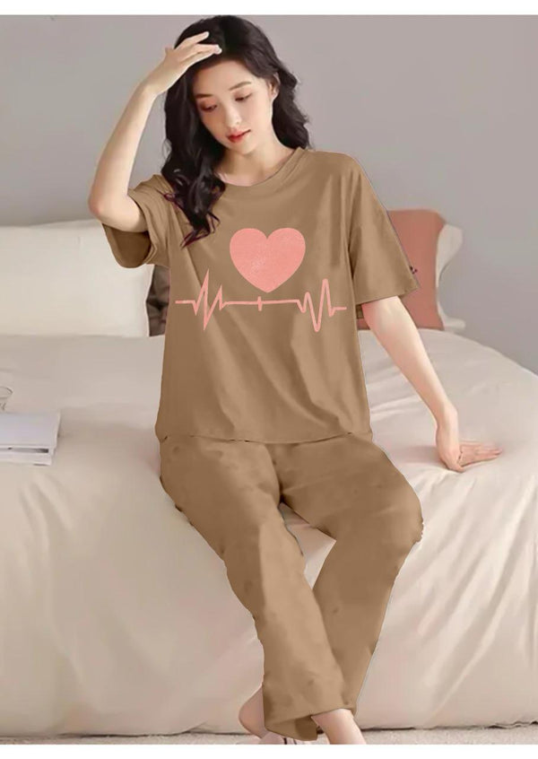 Brown Heartbeat Print Pajama Set