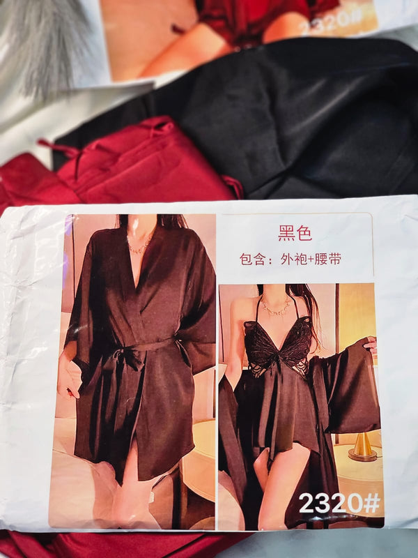 Black & Red Satin Chemise and Robe Set