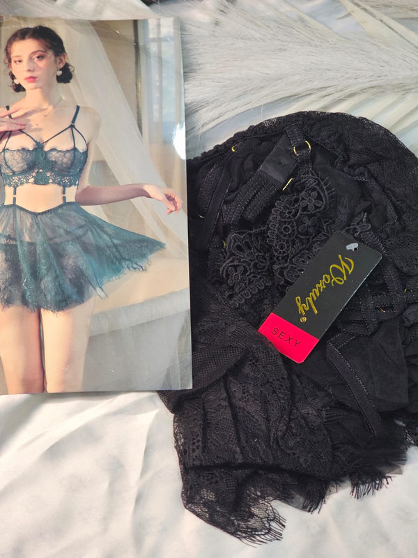 Black Lace Skirt and Strappy Lingerie Set