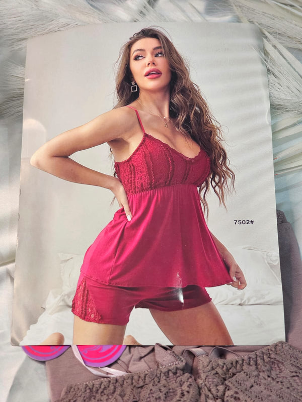Mauve Lace-Trimmed Chemise and Shorts Set