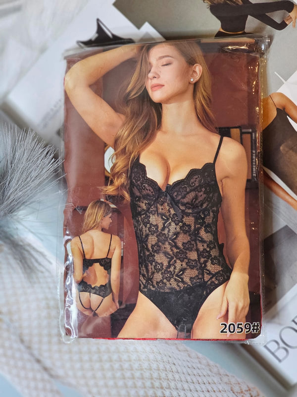 Elegant Black Lace Bodysuit with Strappy Back