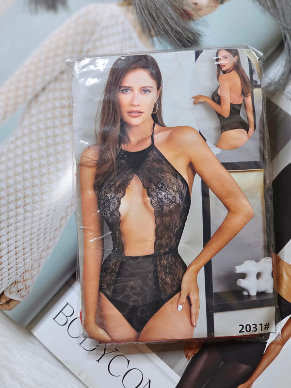 Daring Black Lace Halter Bodysuit with Plunge Neckline
