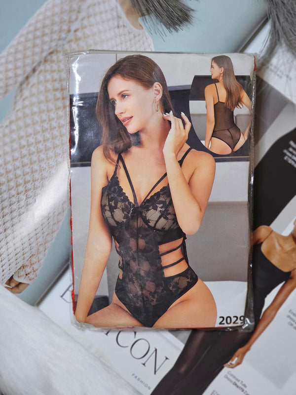 Strappy Black Lace Bodysuit with Cut-Out Details