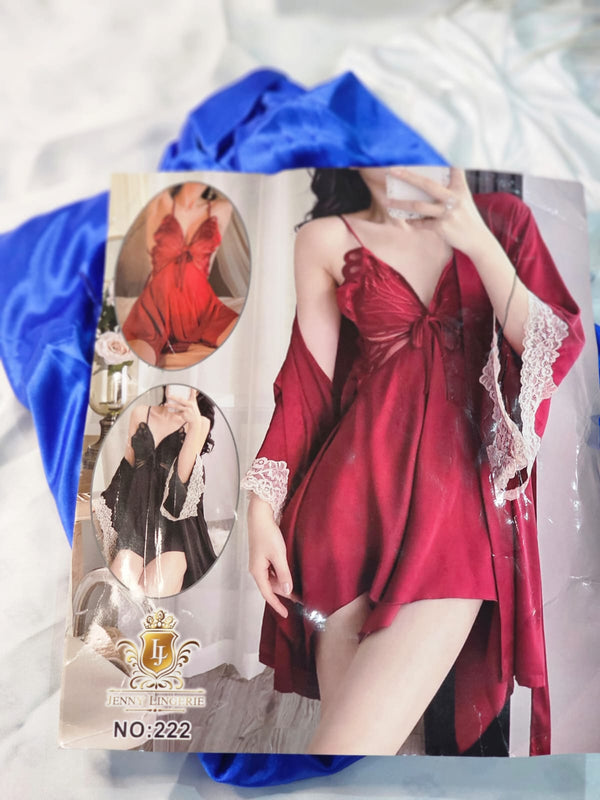 Satin Babydoll Lingerie Set with Lace-Trimmed Robe