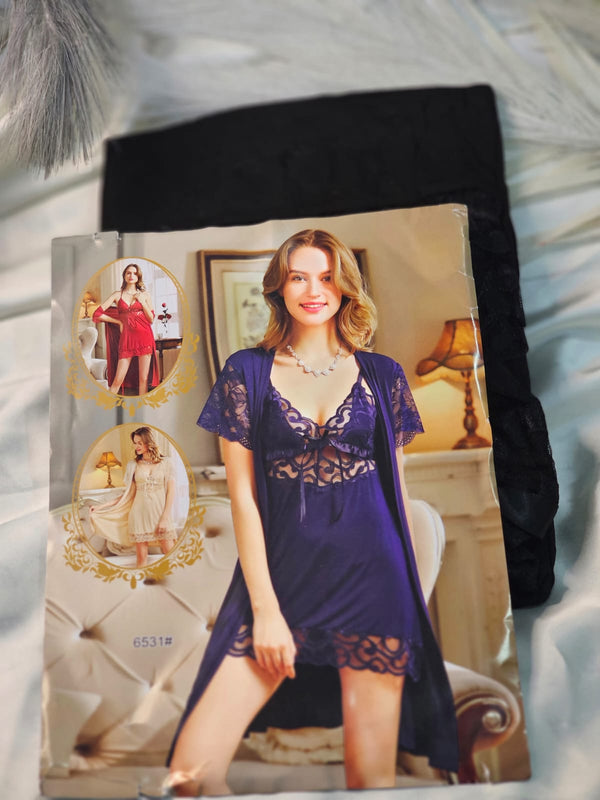 Black Lace Chemise and Robe Set