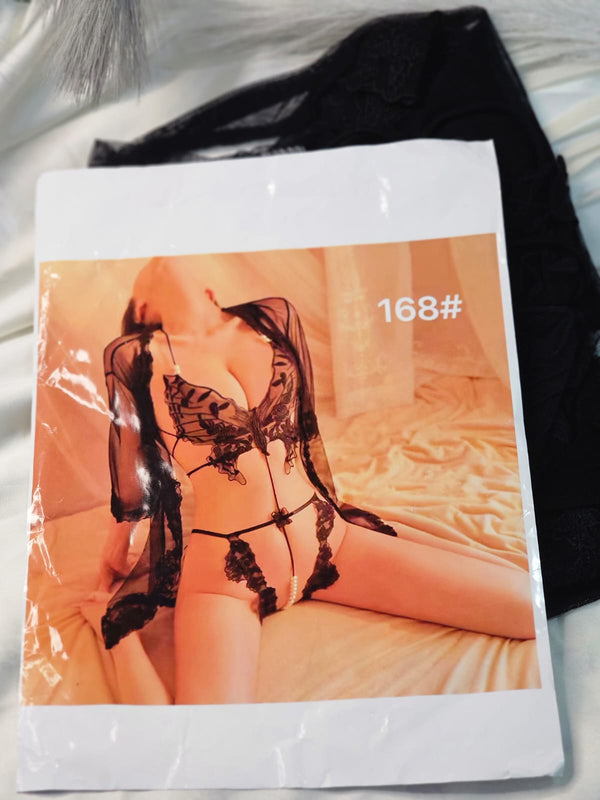 Black Butterfly Lace Lingerie Set with Pearl Detail