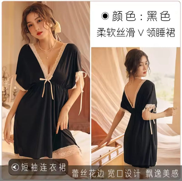 V-Neck Chemise Nightdress with Lace Trim