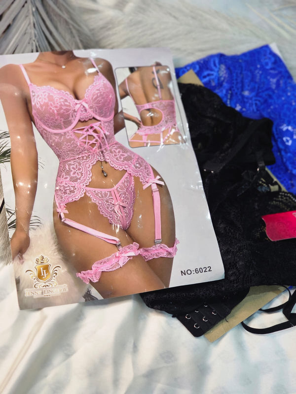 Black & Blue Lace Corset Lingerie Set with Garter Belts