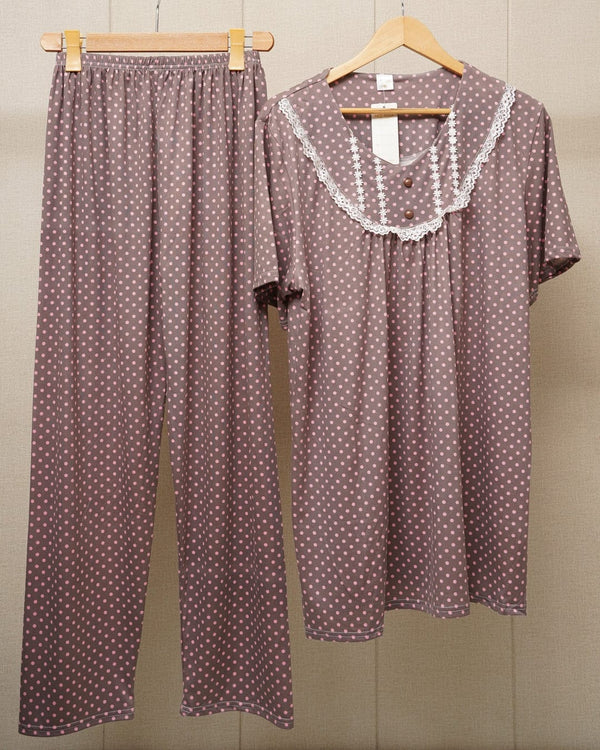 Pink Polka Dot Pajama Set with Lace Trim