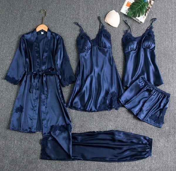 Deluxe 5-Piece Satin & Lace Pajama Set