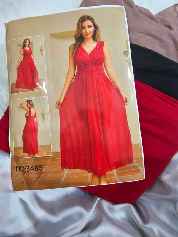 Elegant 3PC Lace-Trim Maxi Nightgown
