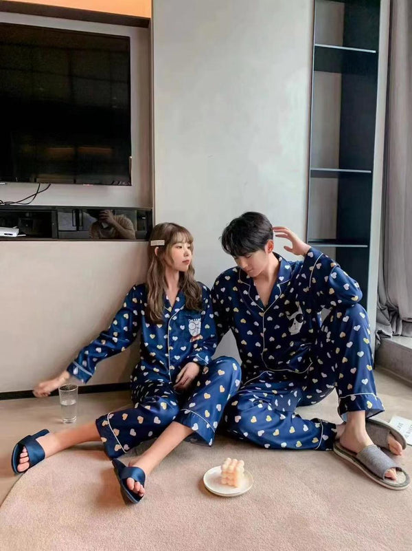 Classic Navy With White & Yellow Heart Print Pajama Set