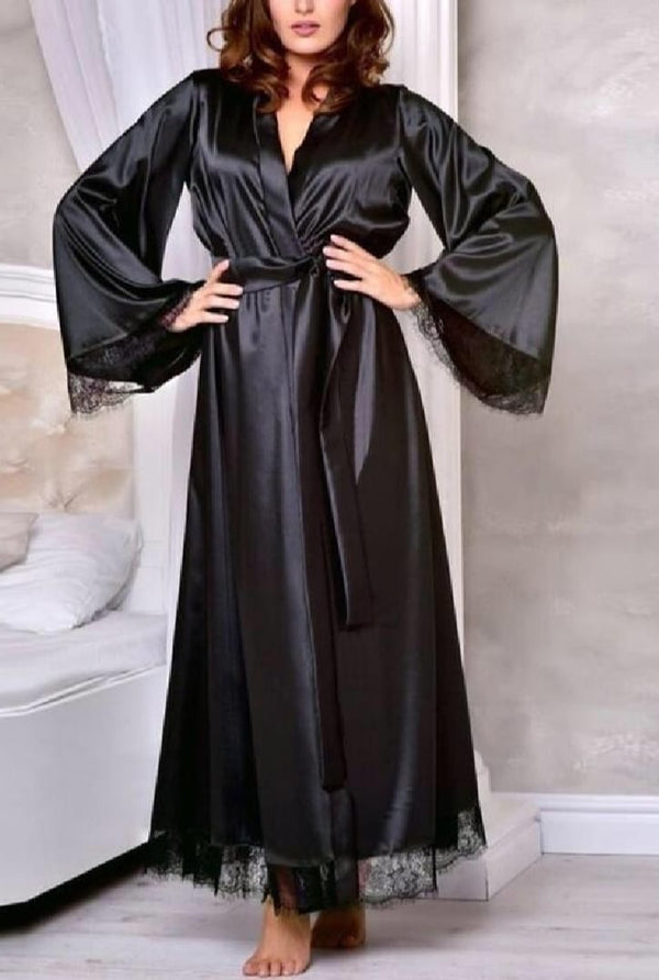 Satin Long Robe with Black Lace Trim