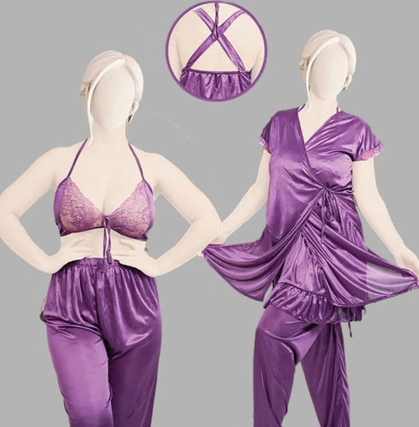 Satin Loungewear Set with Lace Bralette & Robe