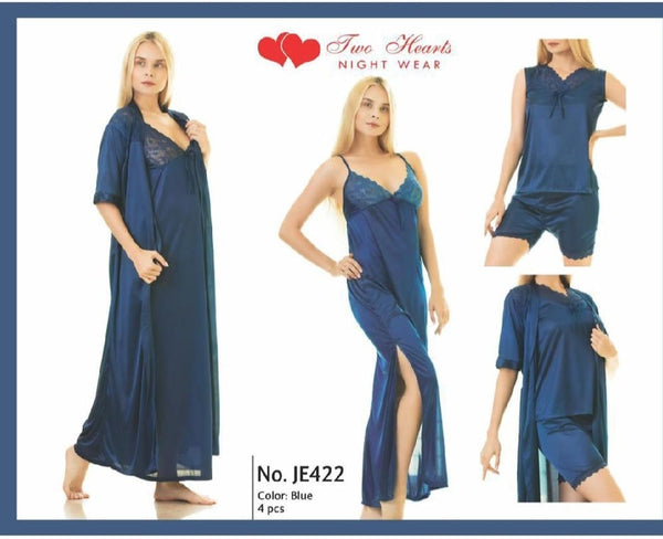 Satin Nightwear Set with Lace Trim (4 Pcs)