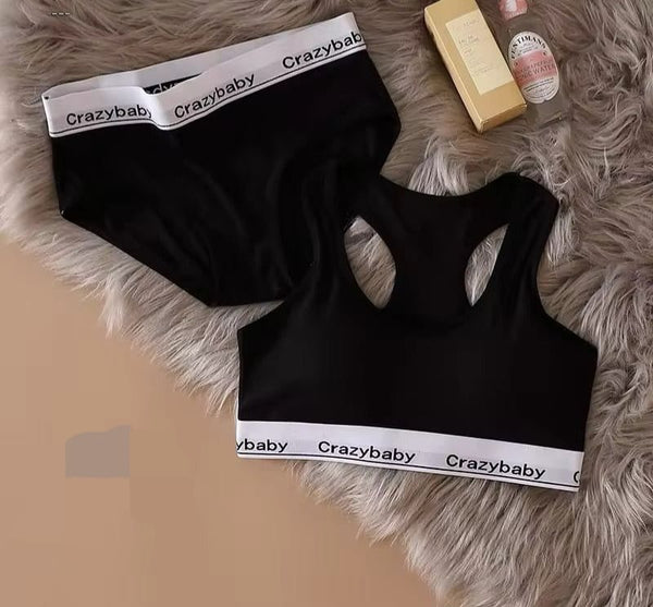 Ribbed Lounge Bralette & Thong Set with "Crazy baby" Band