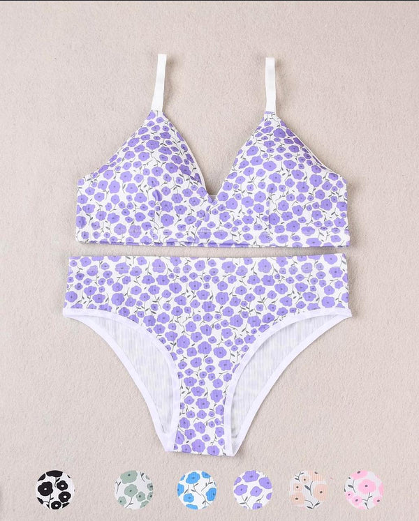 Dainty Floral Print Triangle Bralette & Panty Set